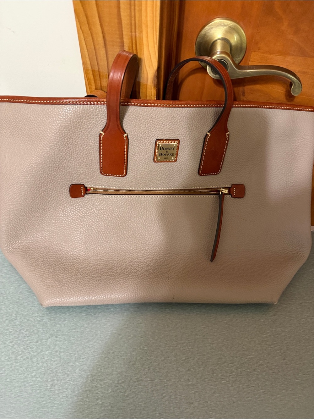 Dooney & Bourke Tan Pebble Leather Tote with Brown Trim